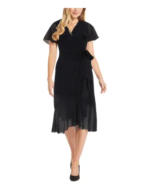 ADRIANNA PAPELL Womens Black Belted Zippered Ruffled Flutter Sleeve Surplice Neckline Below The Knee Wear To Work Faux Wrap Dress