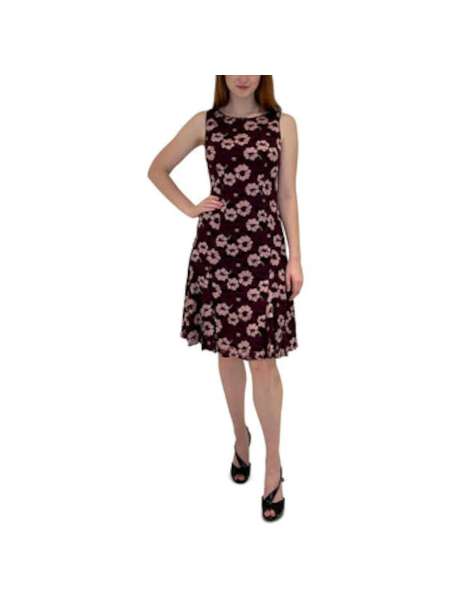 ADRIANNA PAPELL Womens Burgundy Lace Zippered Fitted Godets Lined Floral Sleeveless Jewel Neck Above The Knee Party Fit   Flare Dress