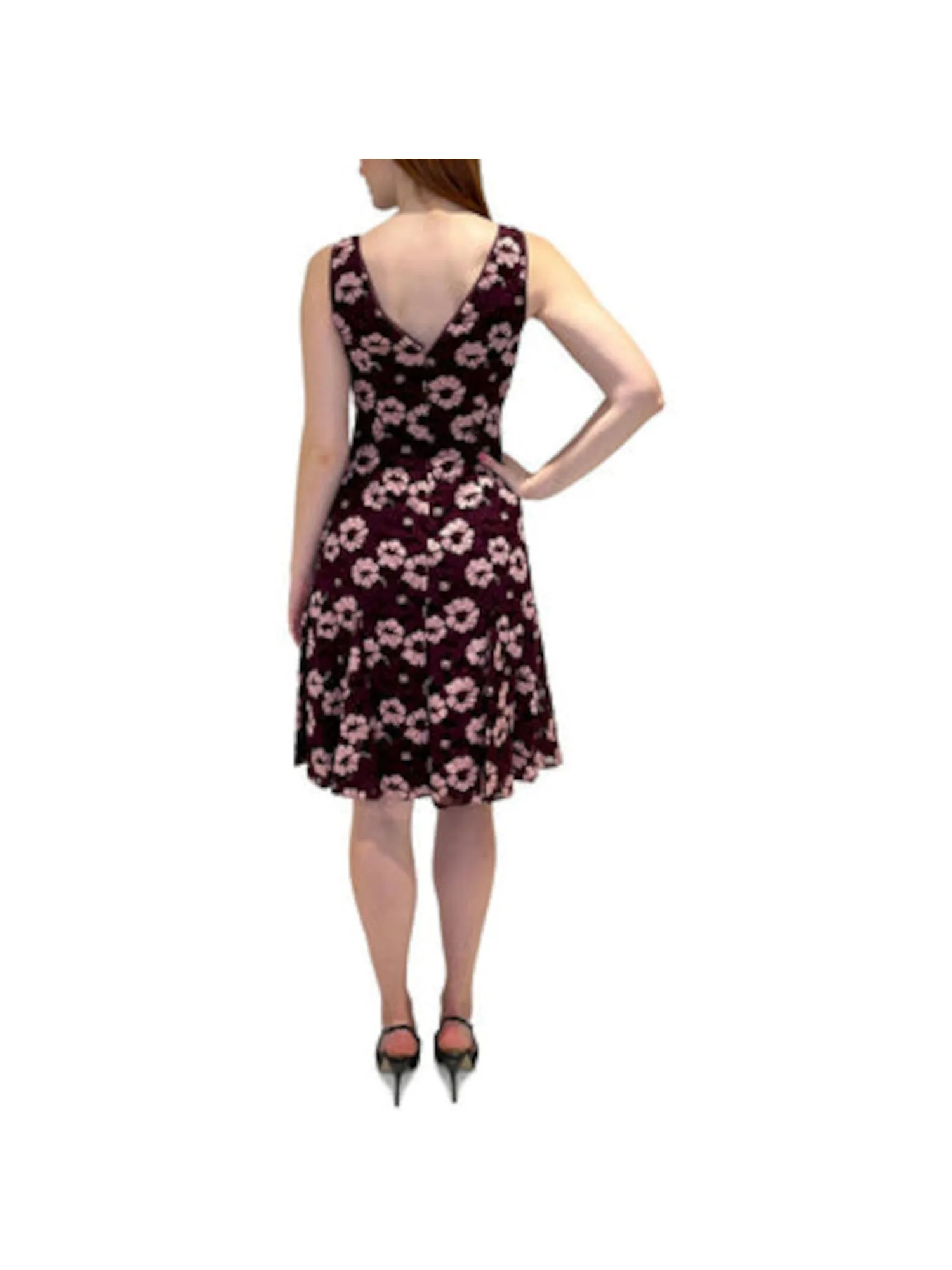 ADRIANNA PAPELL Womens Burgundy Lace Zippered Fitted Godets Lined Floral Sleeveless Jewel Neck Above The Knee Party Fit   Flare Dress