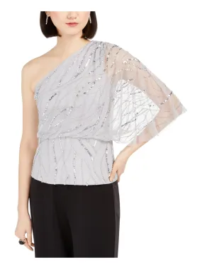 ADRIANNA PAPELL Womens Gray Sequined Sheer Patterned Sleeveless Asymmetrical Neckline Evening Top