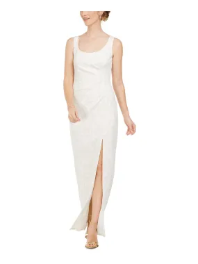 ADRIANNA PAPELL Womens Ivory Embroidered Zippered Sleeveless Scoop Neck Maxi Evening Sheath Dress