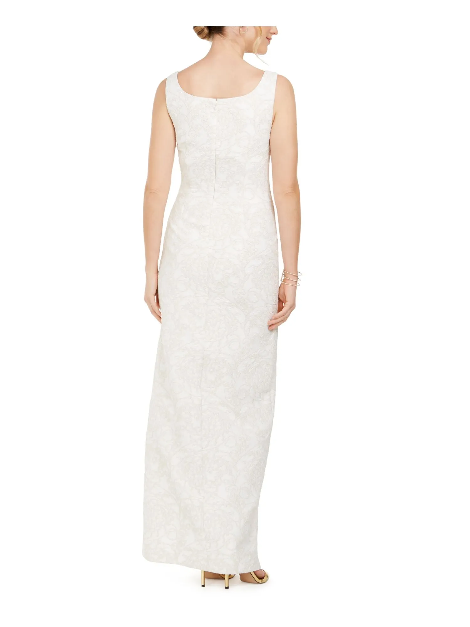 ADRIANNA PAPELL Womens Ivory Embroidered Zippered Sleeveless Scoop Neck Maxi Evening Sheath Dress