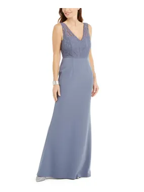 ADRIANNA PAPELL Womens Light Blue Lace Zippered Illusion Gown Sleeveless V Neck Full-Length Evening Dress