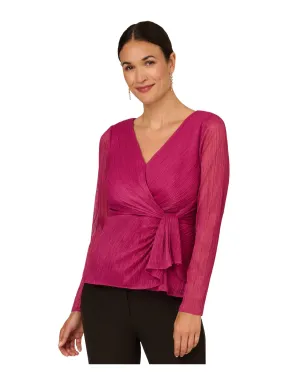 ADRIANNA PAPELL Womens Pink Zippered Ruched Ruffled Tie Waist Long Sleeve Surplice Neckline Evening Faux Wrap Top