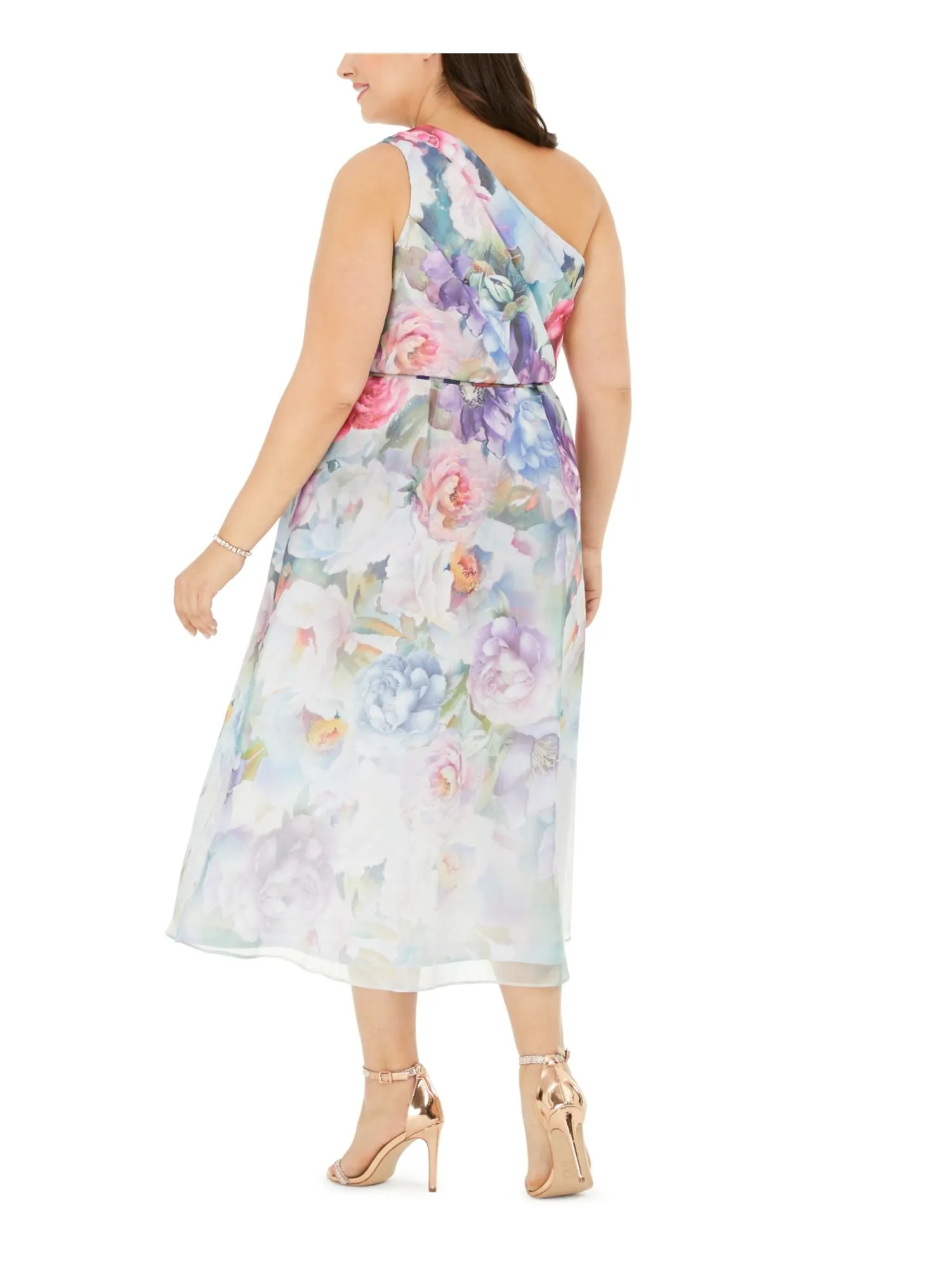 ADRIANNA PAPELL Womens Sheer Floral Sleeveless Asymmetrical Neckline Below The Knee Pencil Dress