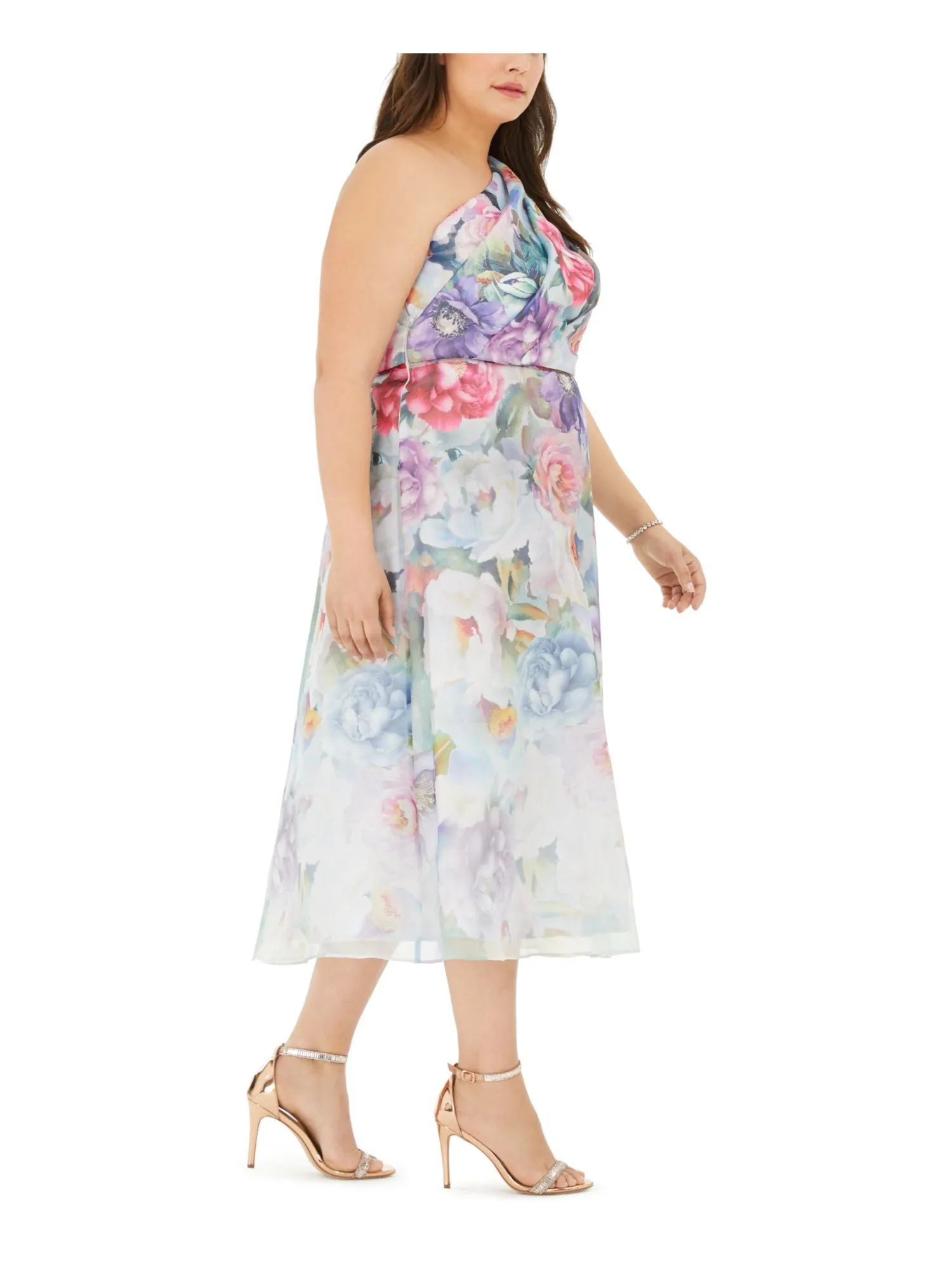 ADRIANNA PAPELL Womens Sheer Floral Sleeveless Asymmetrical Neckline Below The Knee Pencil Dress