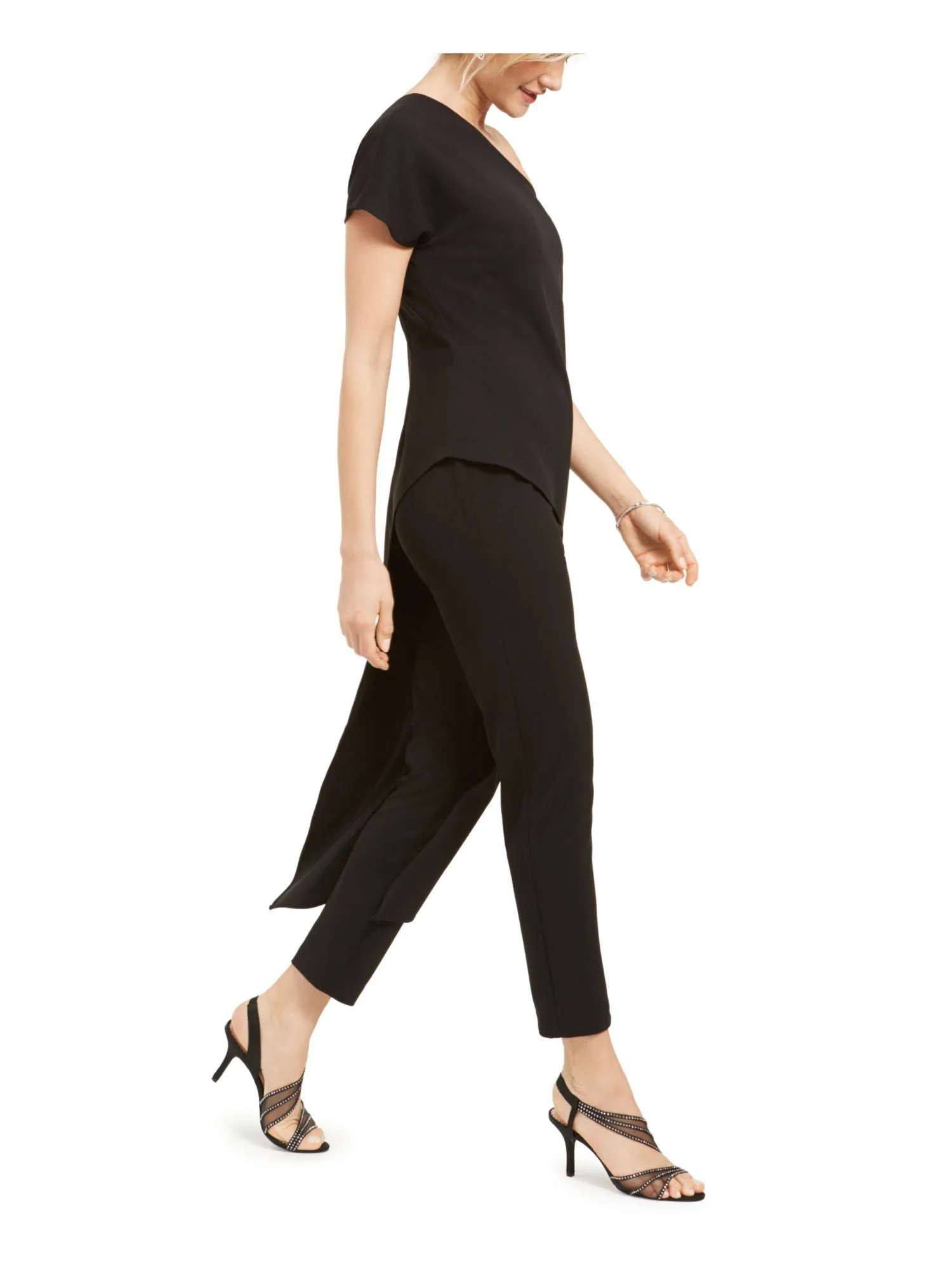 ADRIANNA PAPELL Womens Short Sleeve Asymmetrical Neckline Party Straight leg Jumpsuit