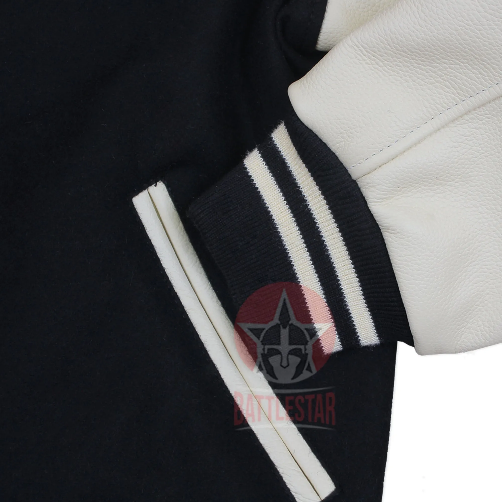 Black Wool Cream Leather Sleeves Varsity Baseball Jacket