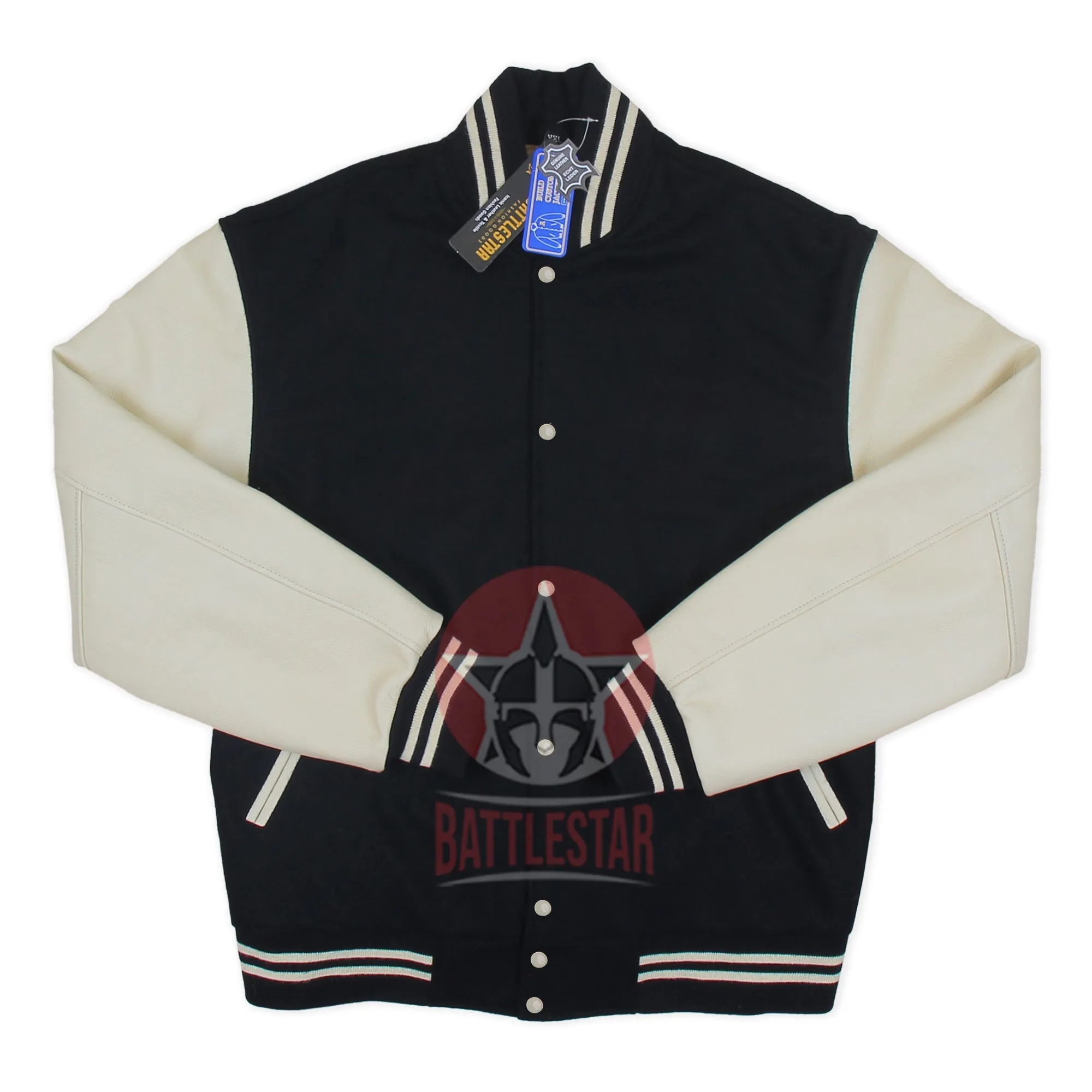 Black Wool Cream Leather Sleeves Varsity Baseball Jacket