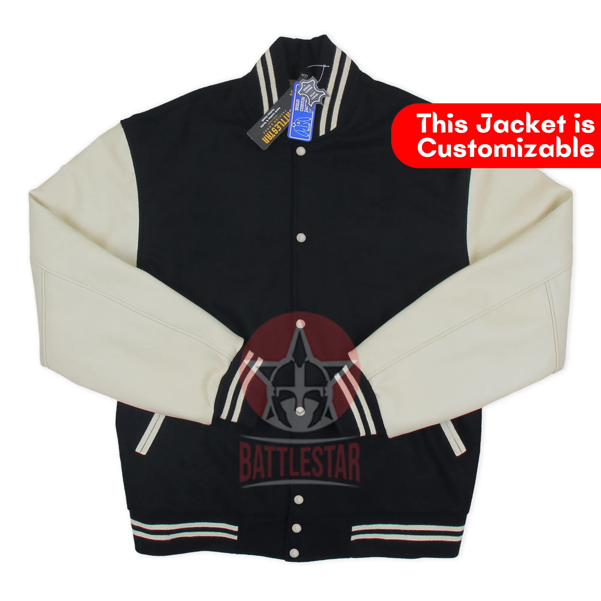 Black Wool Cream Leather Sleeves Varsity Baseball Jacket