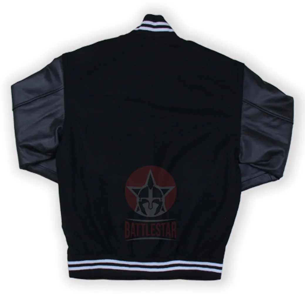 Black Wool Leather Sleeves White Rib Varsity Jacket