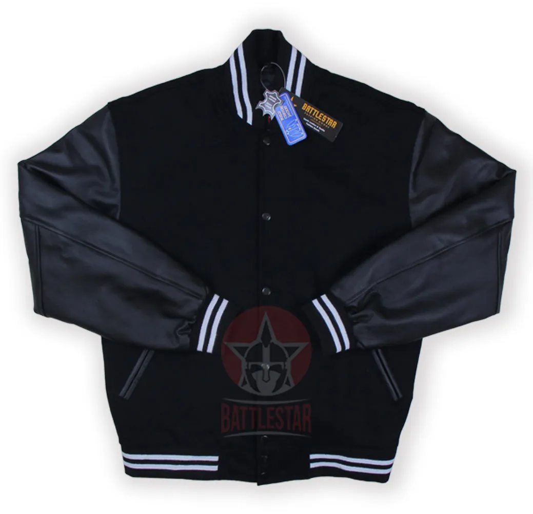 Black Wool Leather Sleeves White Rib Varsity Jacket