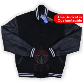 Black Wool Leather Sleeves White Rib Varsity Jacket