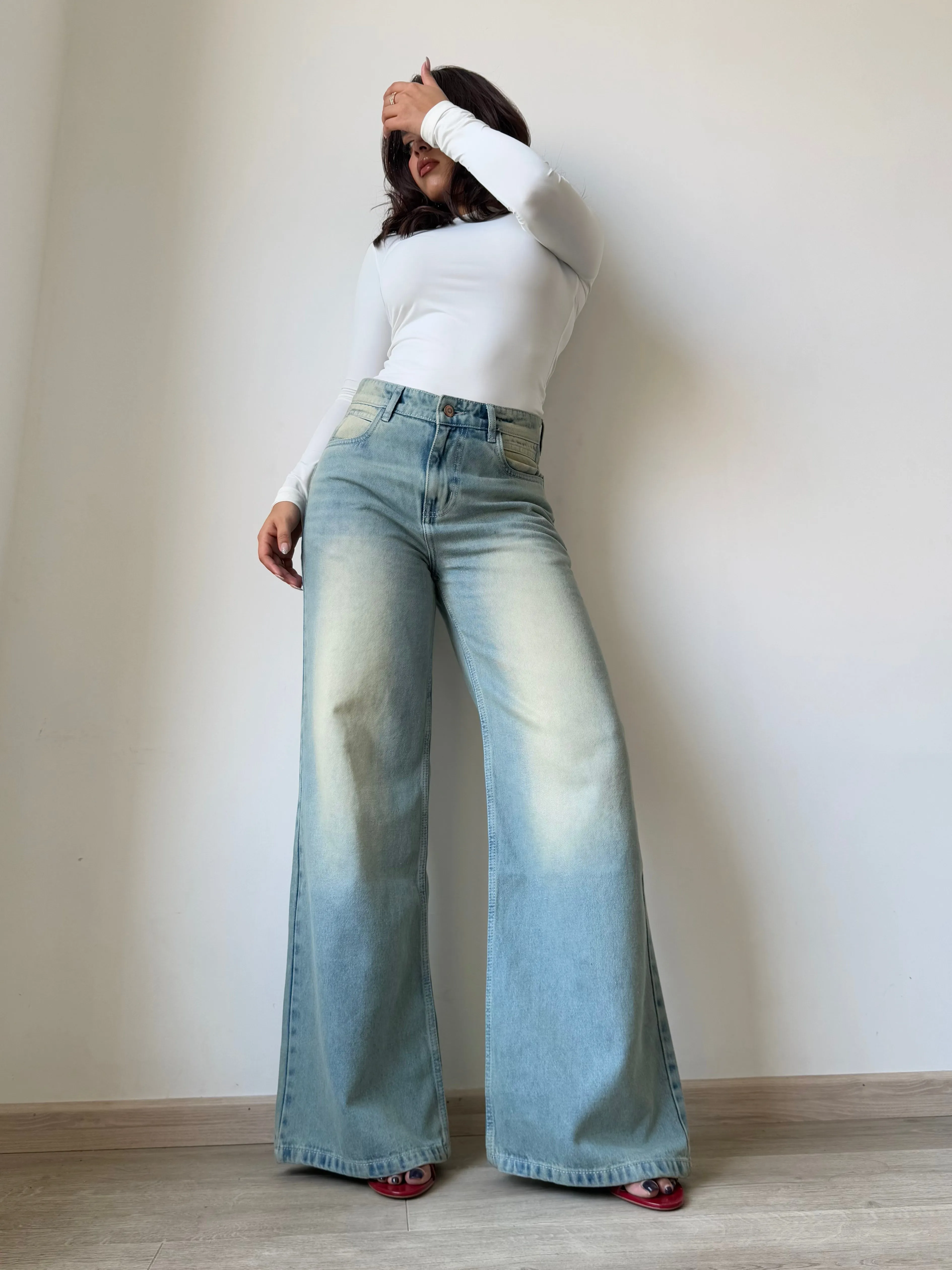 Blue Vintage Yellow Tinted Wide Leg Jeans