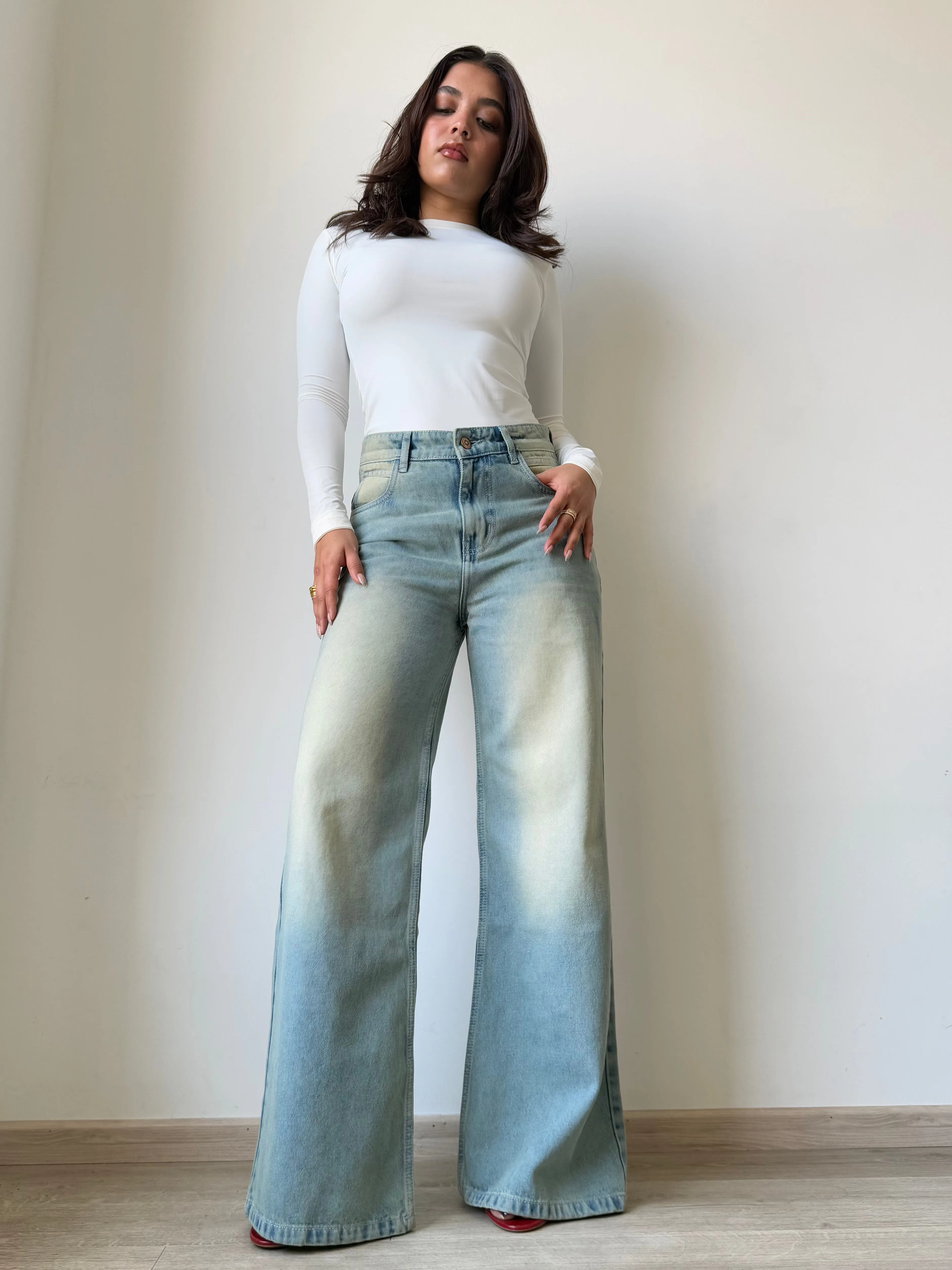 Blue Vintage Yellow Tinted Wide Leg Jeans