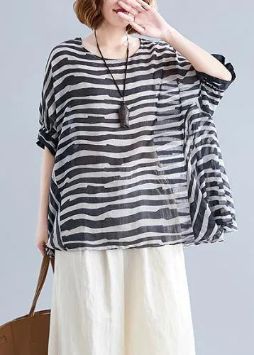 Chic black striped shirts women o neck Batwing Sleeve box shirts