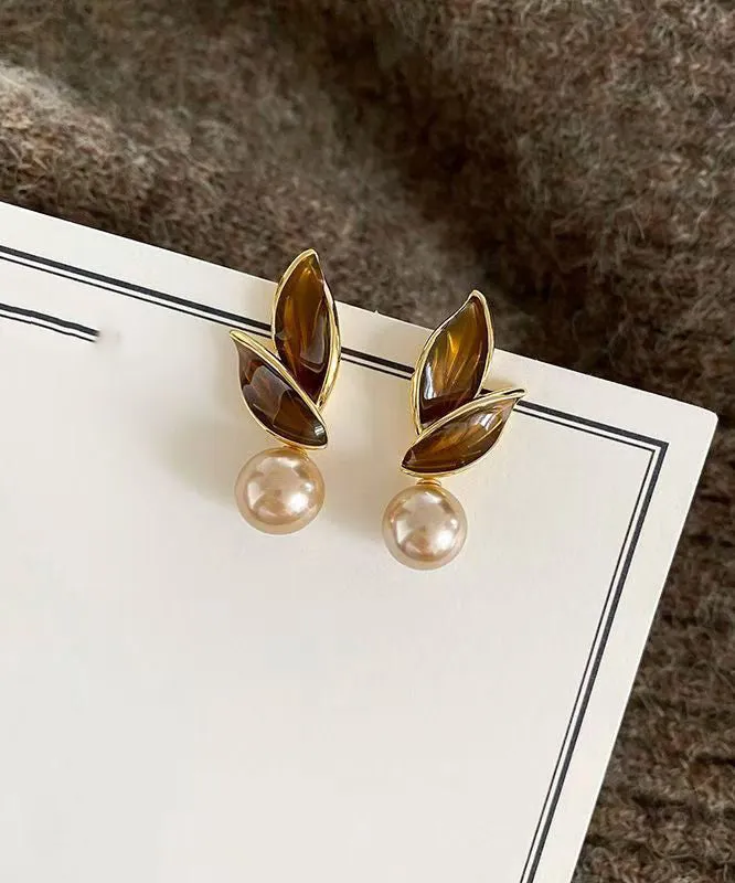 Chic Coffee Sterling Silver Alloy Pearl Leaf Stud Earrings EY020