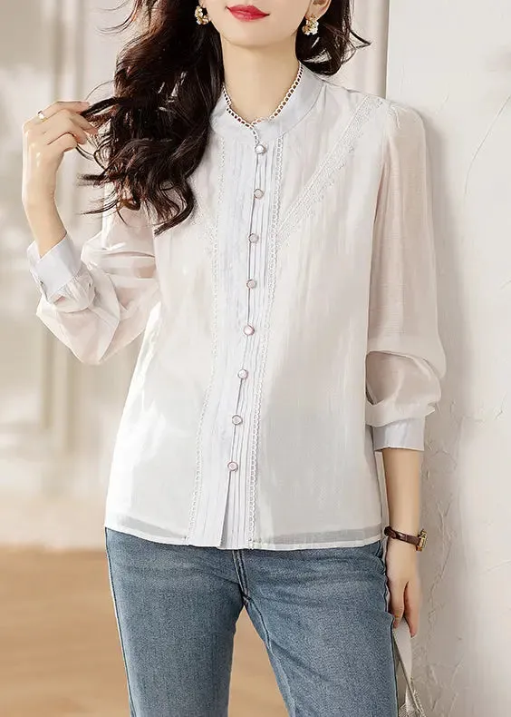 Chic White Button Lace Patchwork Shirts Long Sleeve ML0937