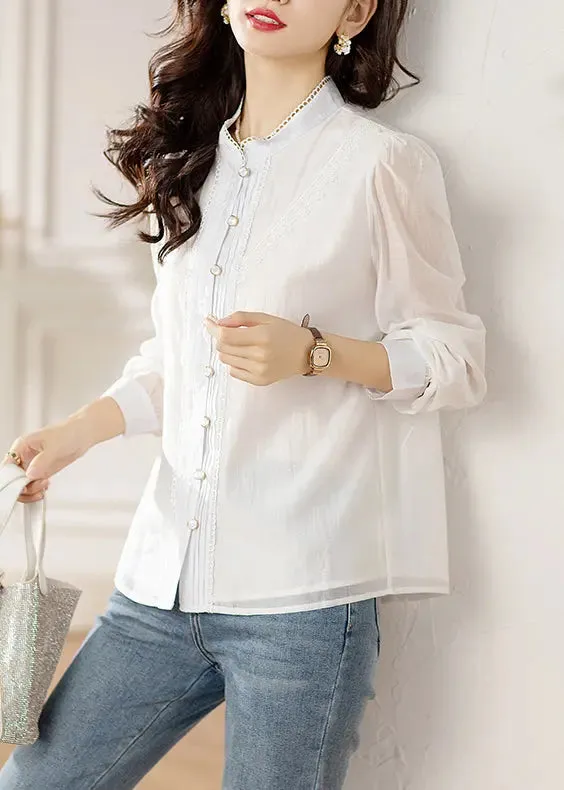 Chic White Button Lace Patchwork Shirts Long Sleeve ML0937