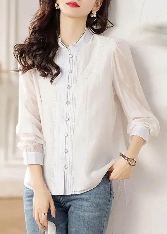 Chic White Button Lace Patchwork Shirts Long Sleeve ML0937