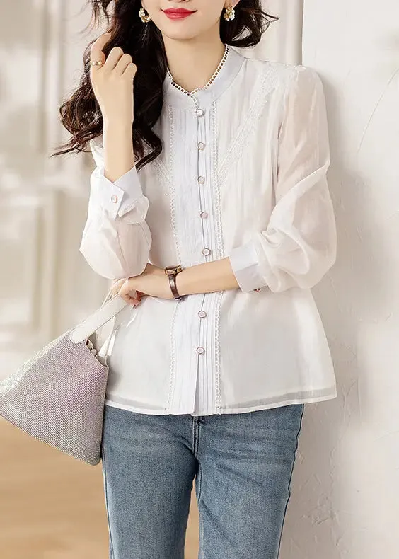 Chic White Button Lace Patchwork Shirts Long Sleeve ML0937