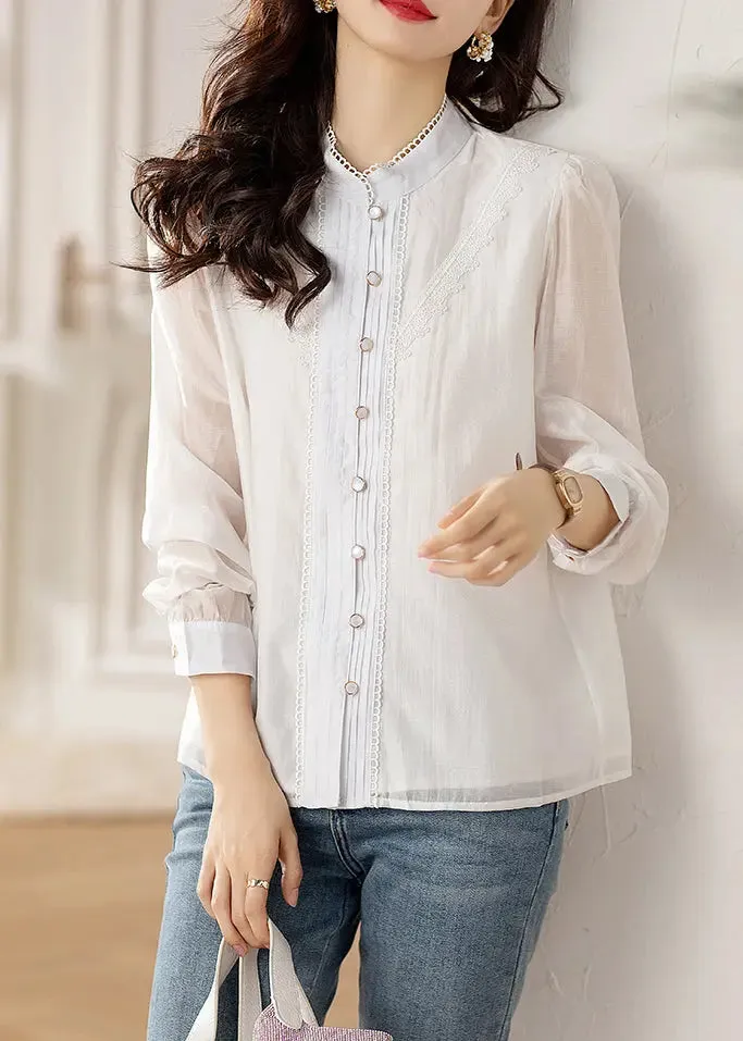 Chic White Button Lace Patchwork Shirts Long Sleeve ML0937