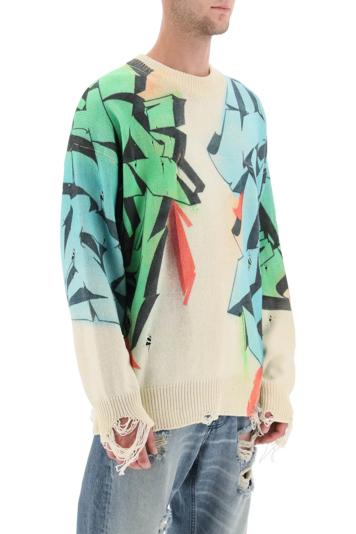 Children of the discordance graffiti print distressed sweater