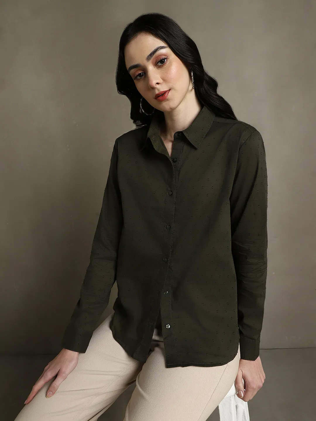 DL Woman Olive Solid Textured Spread Collar Full Sleeves Shirt