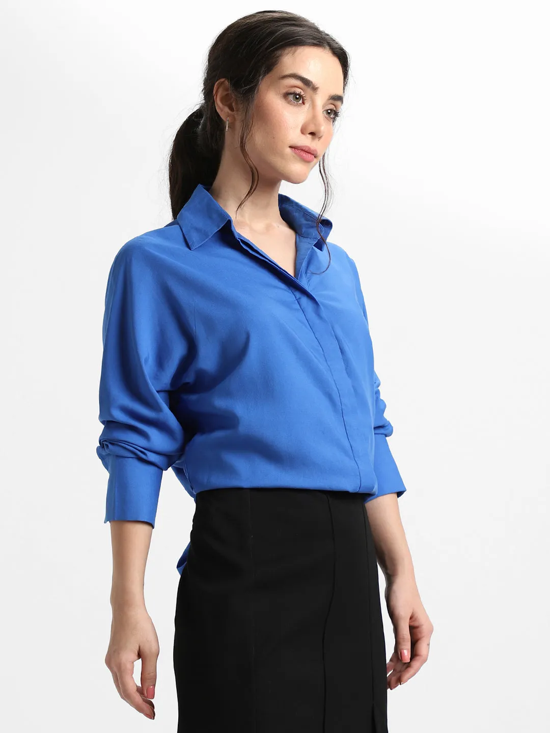 DL Woman Shirt Collar Relaxed Fit Solid Cobalt Blue Shirt