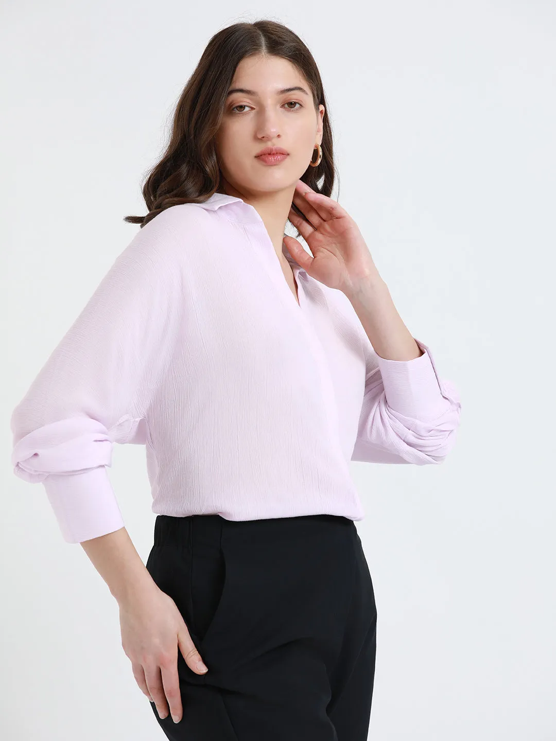 DL Woman Shirt Collar Relaxed Fit Solid Lavender Shirt