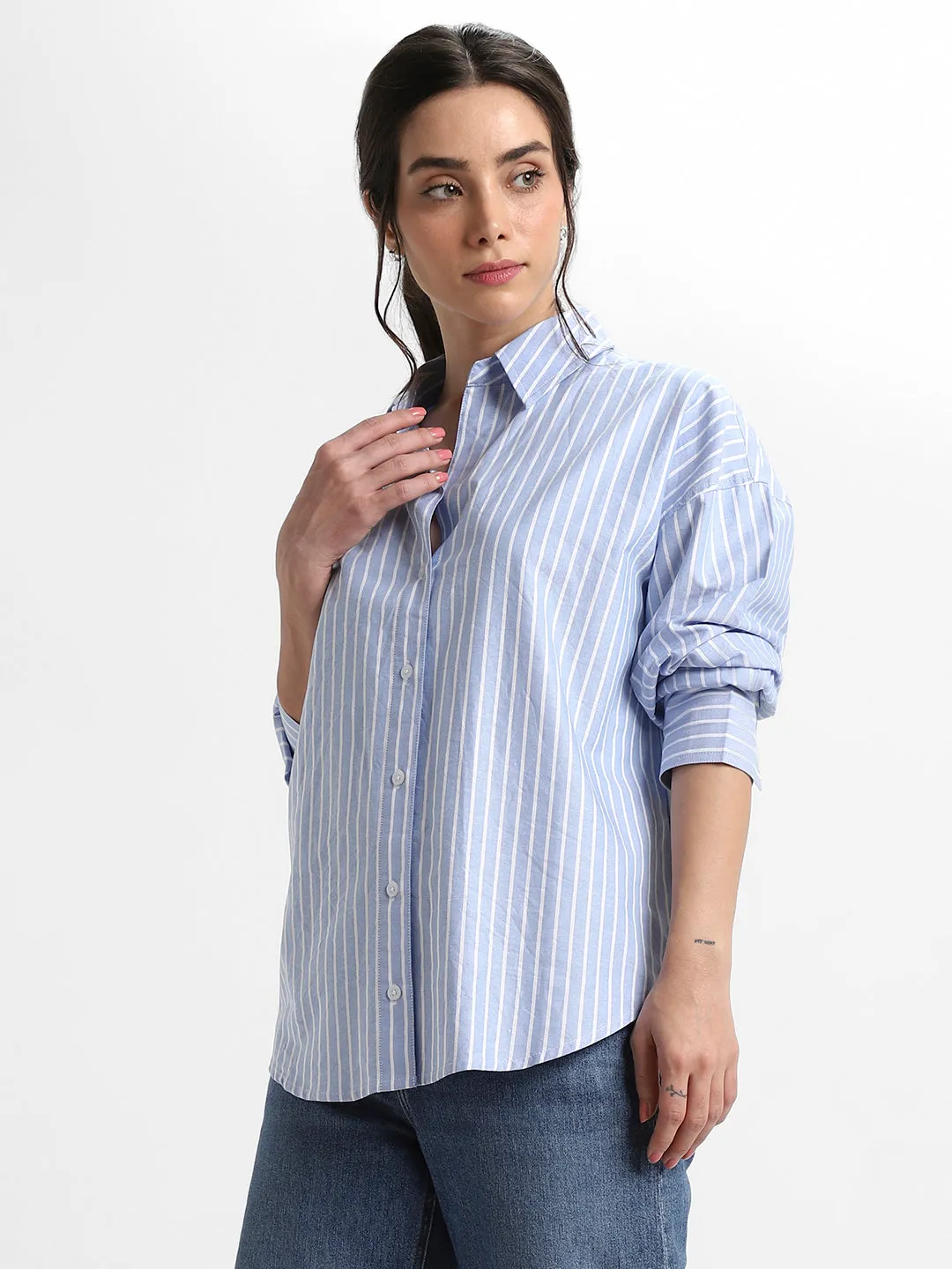 DL Woman Shirt Collar Relaxed Fit Striped Indigo Shirt