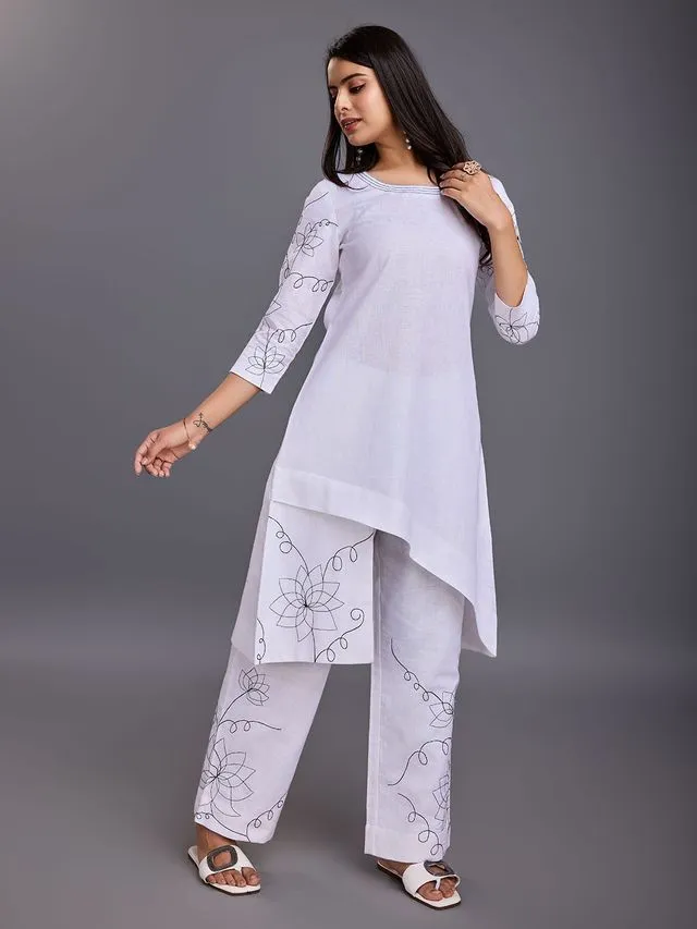 elegant asymmetric embroidered three forth sleeves top with a comfortable embroidered comfortable stright pants set in Linen Blend - White