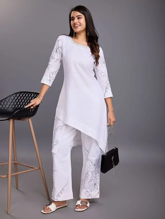 elegant asymmetric embroidered three forth sleeves top with a comfortable embroidered comfortable stright pants set in Linen Blend - White