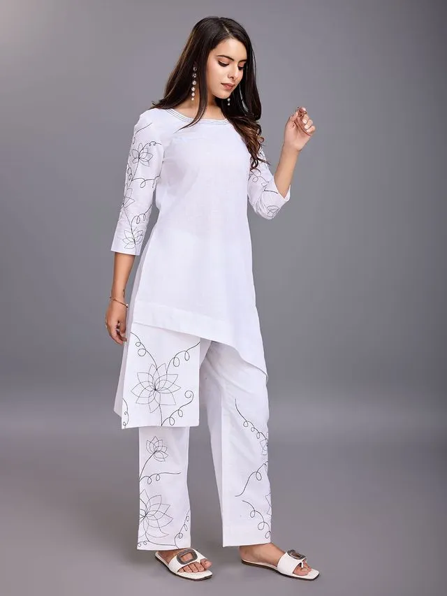 elegant asymmetric embroidered three forth sleeves top with a comfortable embroidered comfortable stright pants set in Linen Blend - White