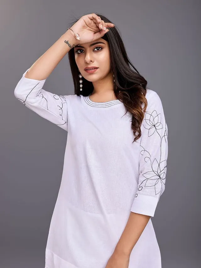 elegant asymmetric embroidered three forth sleeves top with a comfortable embroidered comfortable stright pants set in Linen Blend - White