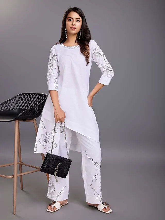 elegant asymmetric embroidered three forth sleeves top with a comfortable embroidered comfortable stright pants set in Linen Blend - White