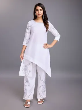 elegant asymmetric embroidered three forth sleeves top with a comfortable embroidered comfortable stright pants set in Linen Blend - White