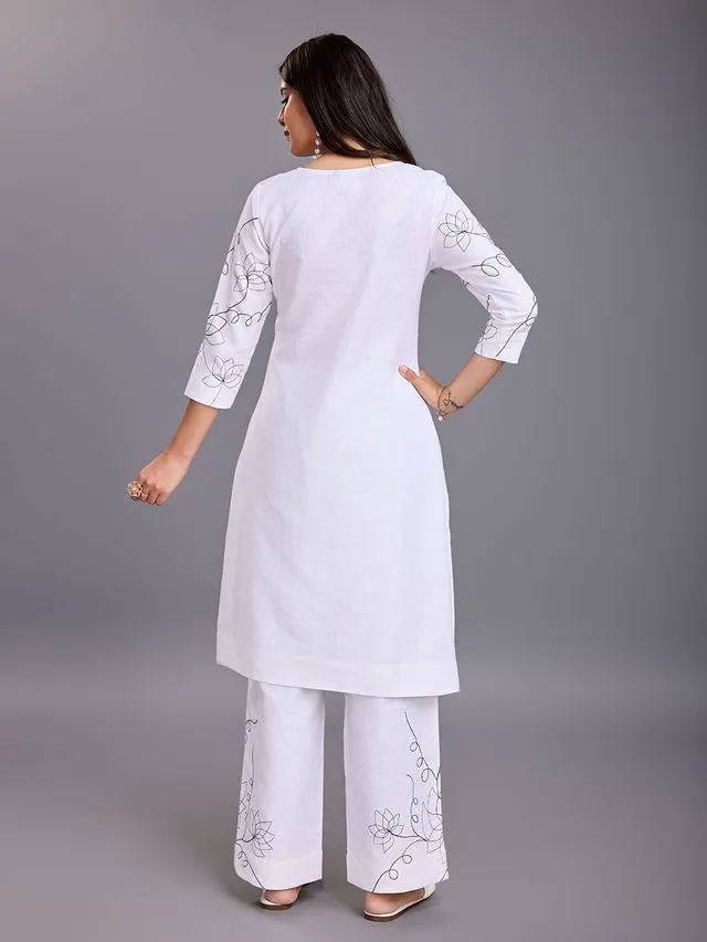 elegant asymmetric embroidered three forth sleeves top with a comfortable embroidered comfortable stright pants set in Linen Blend - White