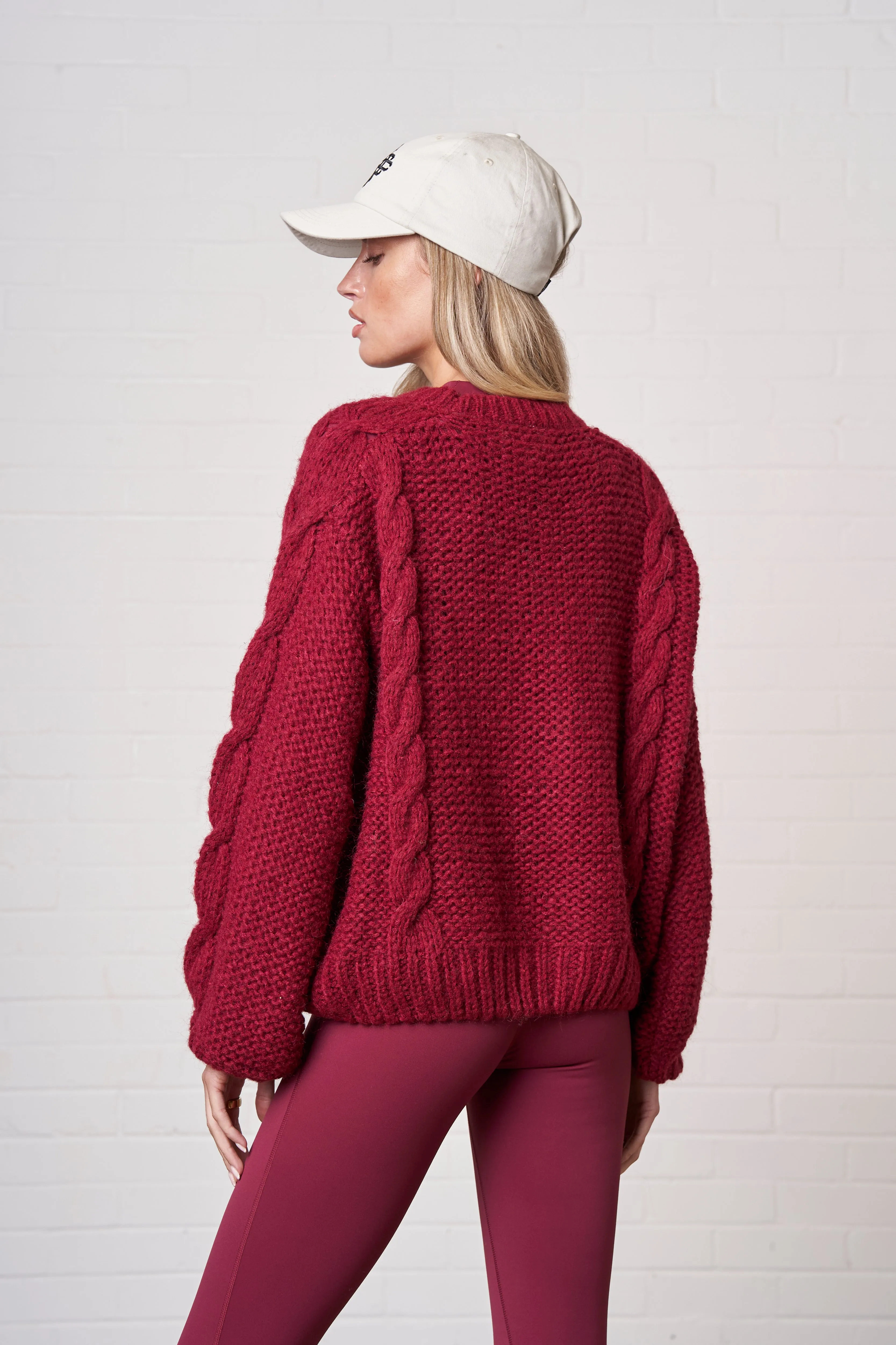 EMBLEM PLAITED OVERSIZED KNIT JUMPER - DEEP RED