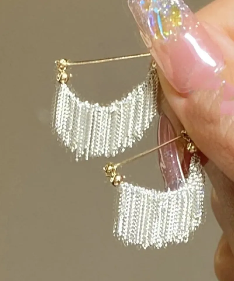 Fashion White Copper Overgild Tassel Hoop Earrings PO038