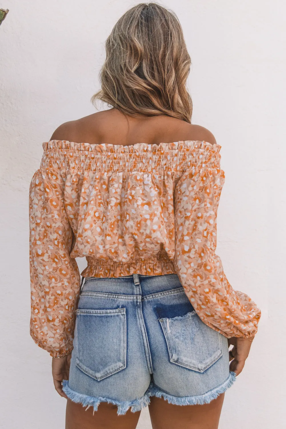 Floral Frill Trim Smocked Off-Shoulder Top