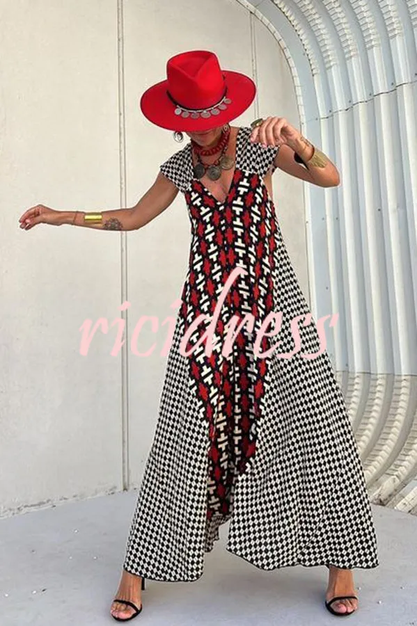 Fresh Breeze Ethnic Unique Print Ruffle Sleeve A-line Maxi Dress