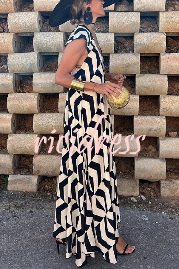 Fresh Breeze Ethnic Unique Print Ruffle Sleeve A-line Maxi Dress