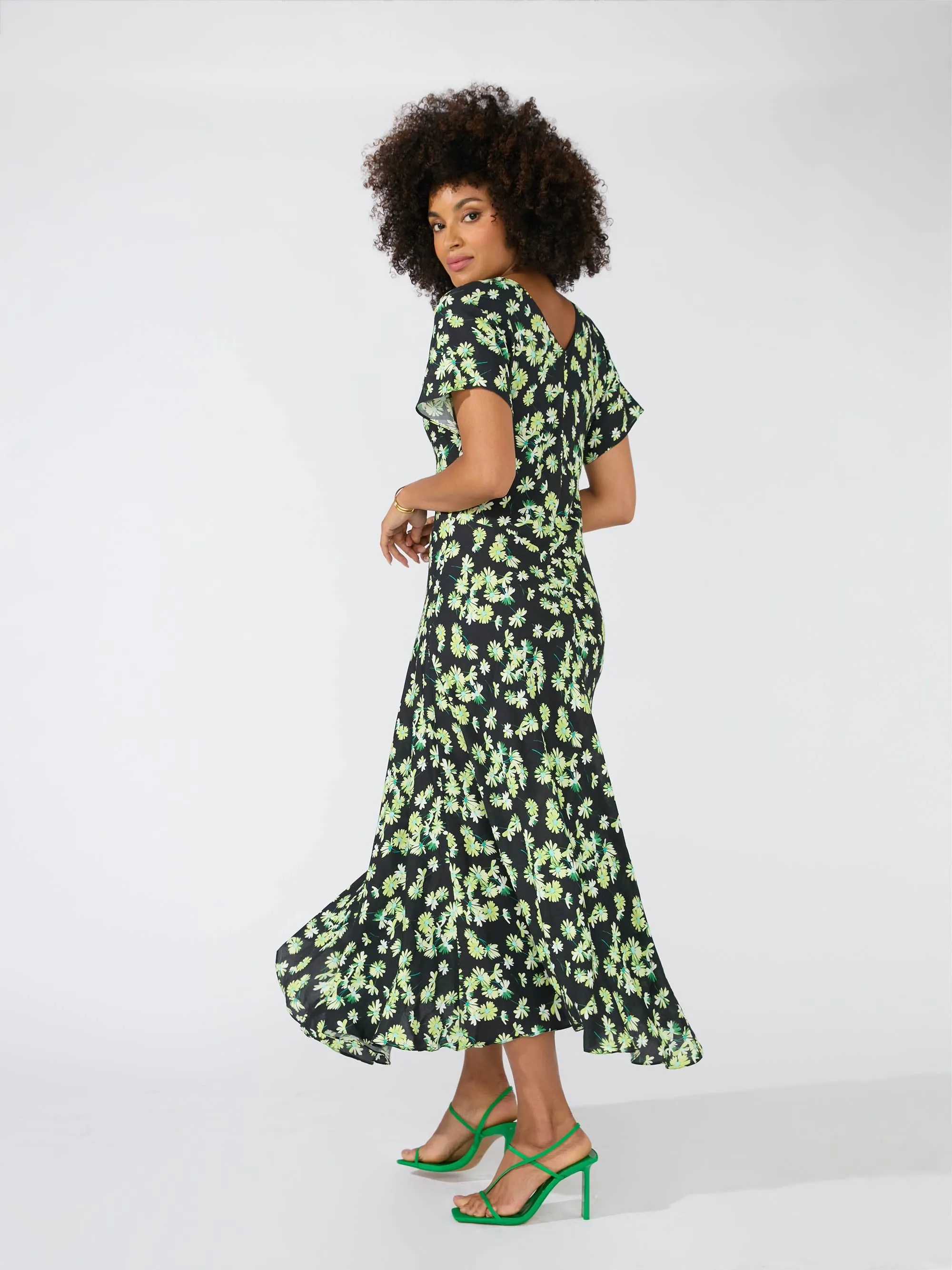 Green Daisy Print V Neck Midi Dress