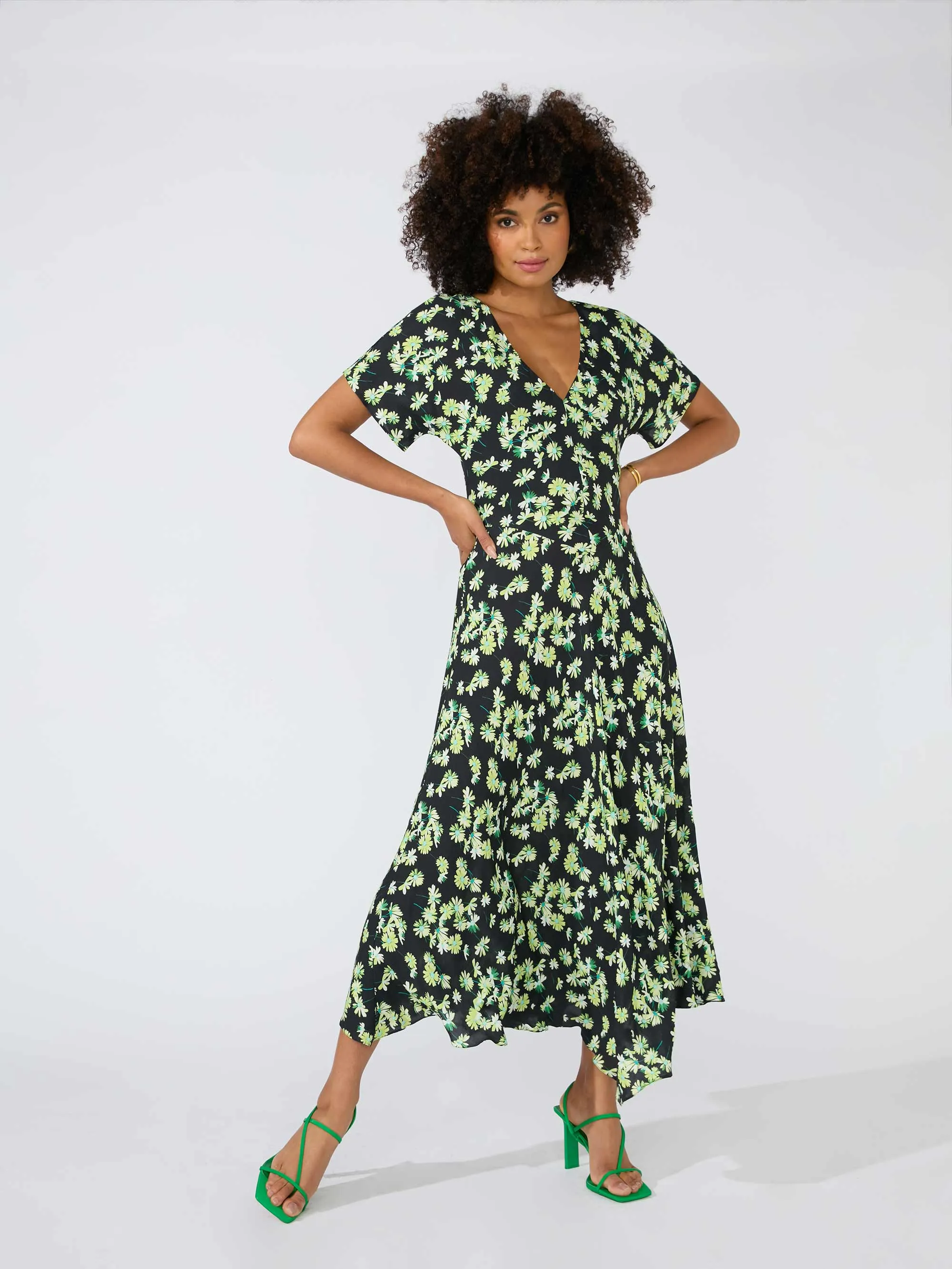 Green Daisy Print V Neck Midi Dress