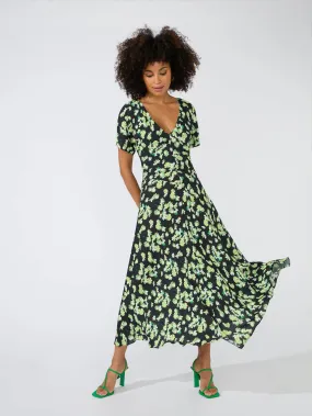 Green Daisy Print V Neck Midi Dress