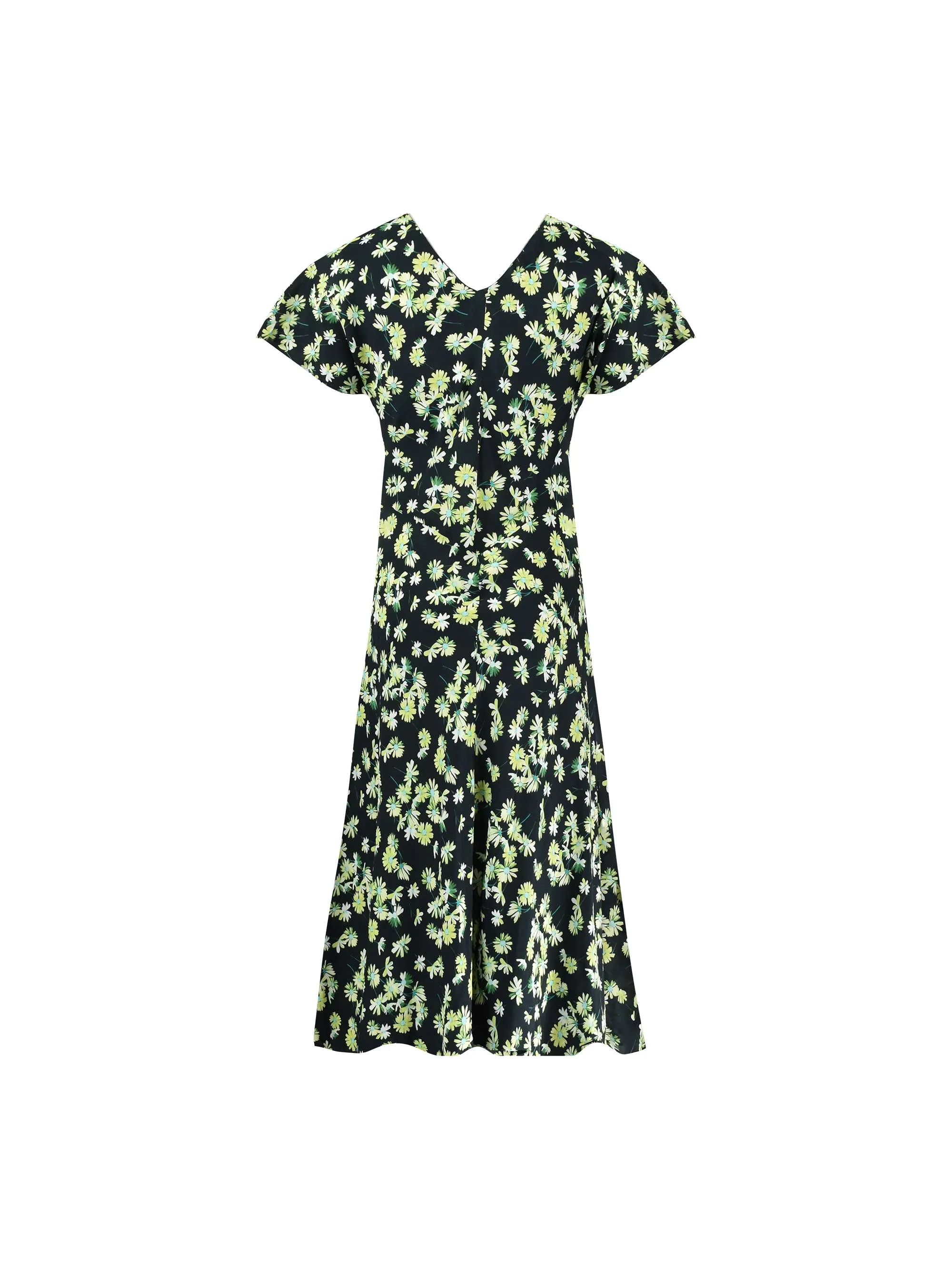 Green Daisy Print V Neck Midi Dress