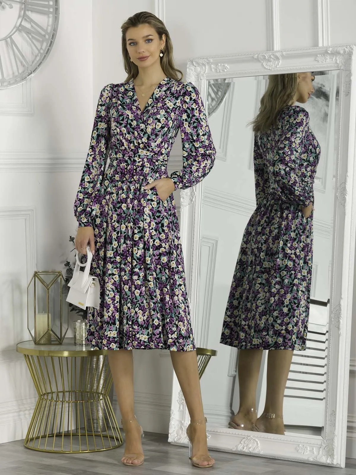 Libby Long Sleeve Midi Dress, Purple Floral