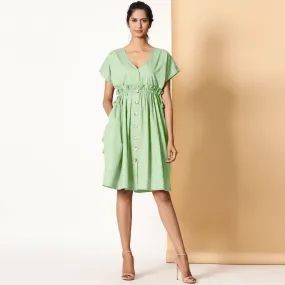 Light Green Frilled Cotton Knee Length Bohemian Dress