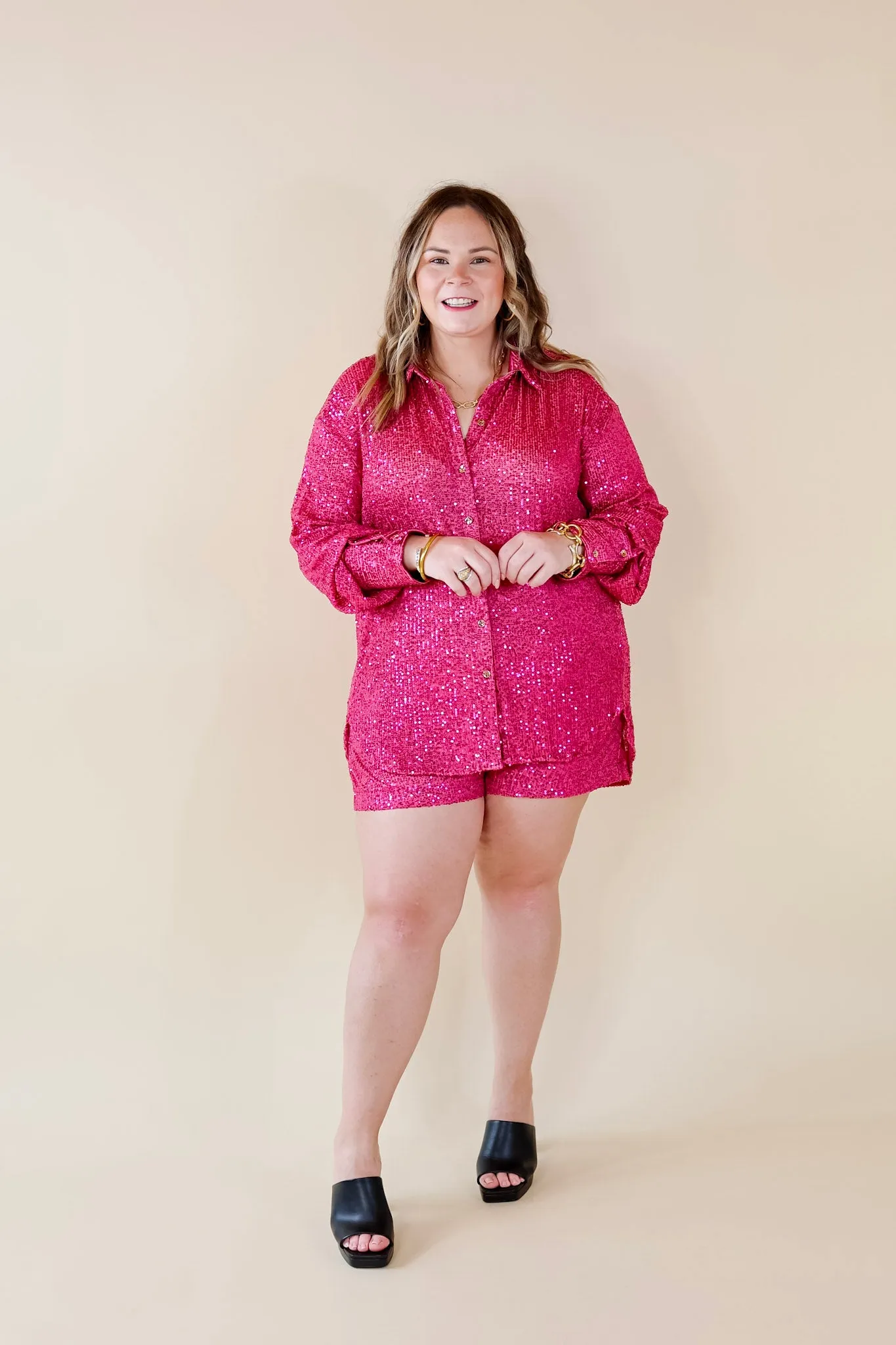 Little Miss Perfect Sequin Button Up Top in Fuchsia Pink